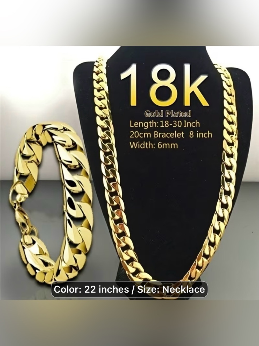2PCS 18K Gold Plated Men's Cuban Chain Necklace - 22 Inches